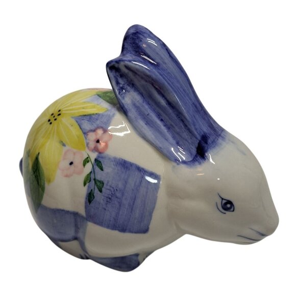 Other - Ceramic Easter Bunny Rabbit Figurine Blue/White Check Yellow Pink Floral Cottage